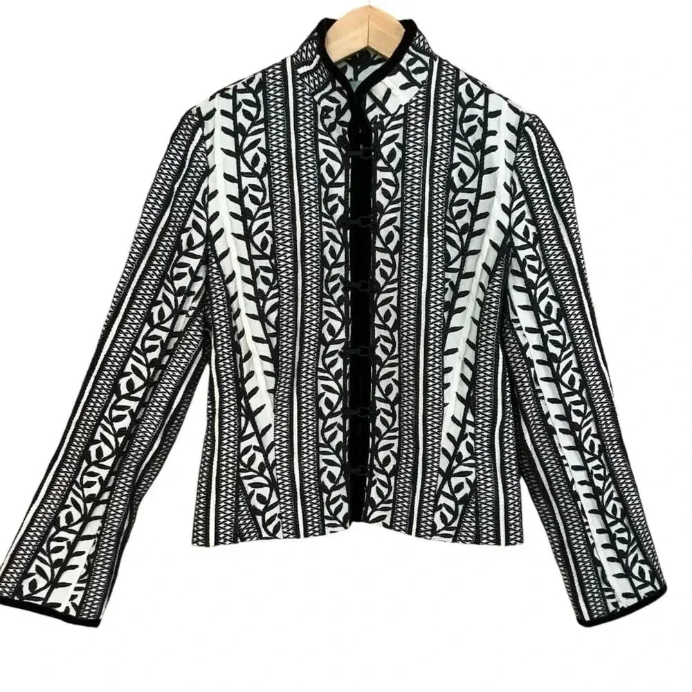 Wallis‎ Women’s Black White Sophisticated Chic Lined Embroidered Jacket 12